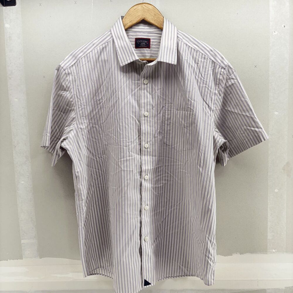 Untuckit Shirt Men's L White‎ Purple Stripe Style Franz Cotton Button Up EUC